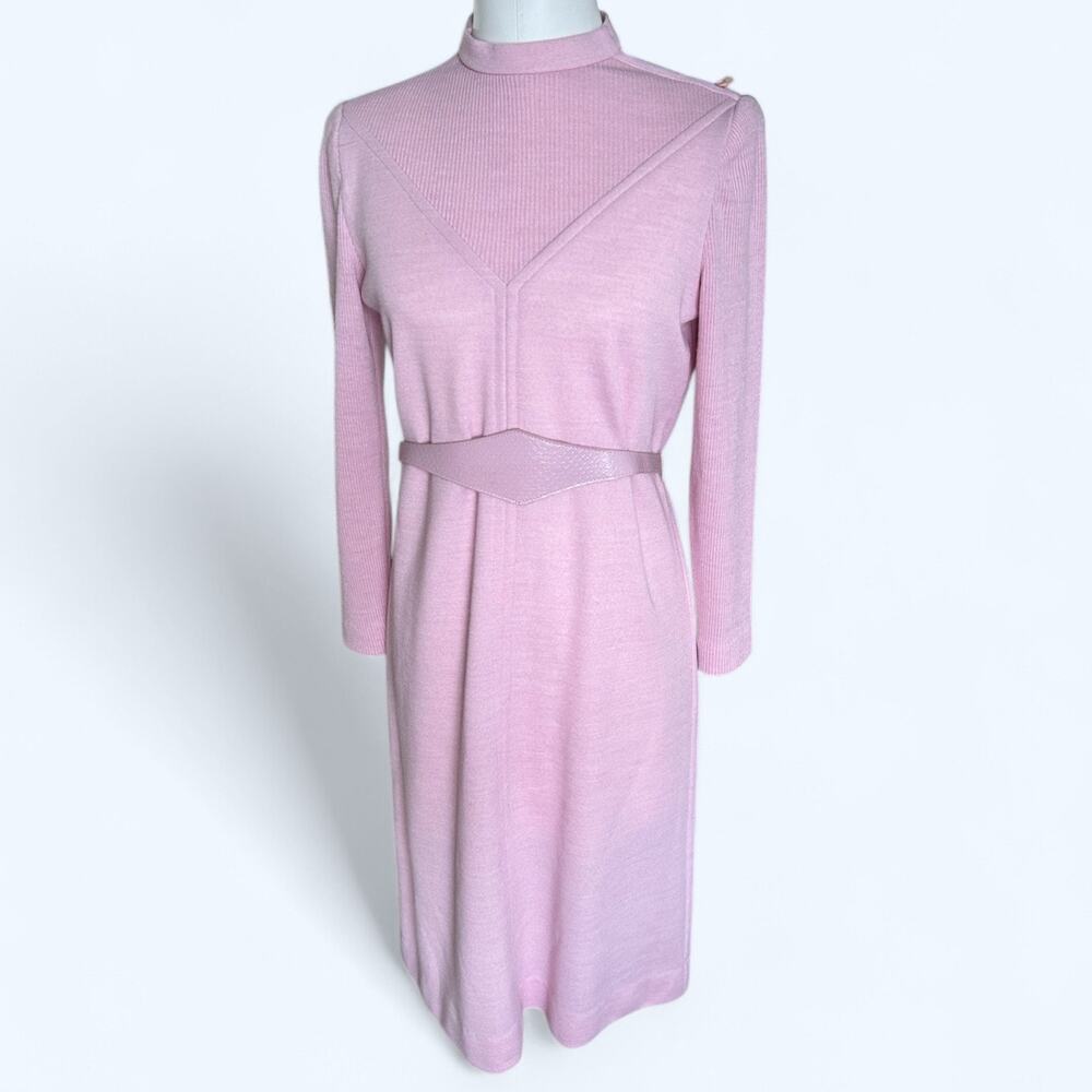 Vintage Blush Pink Sweater Knit Mock Neck Sheath Dress Retro Soft Girl Size 12 P